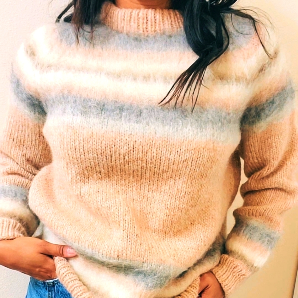Vintage Jagman Pure Virgin Wool Gradient Pink Grey Cream Sweater Grandmacore